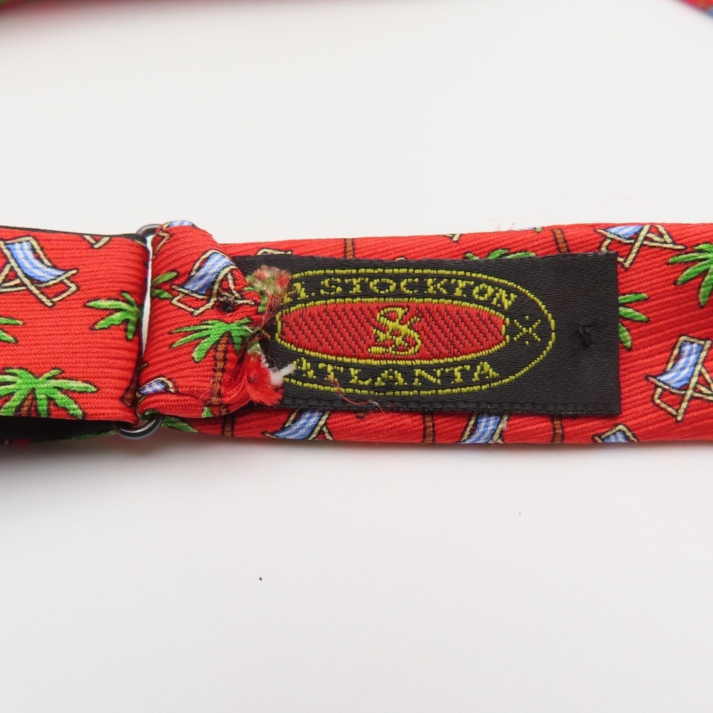 H Stockton Bow Tie Red Green Palm Tree Beach 2.5" Wide Self Tie Silk USA - Picture 3 of 3